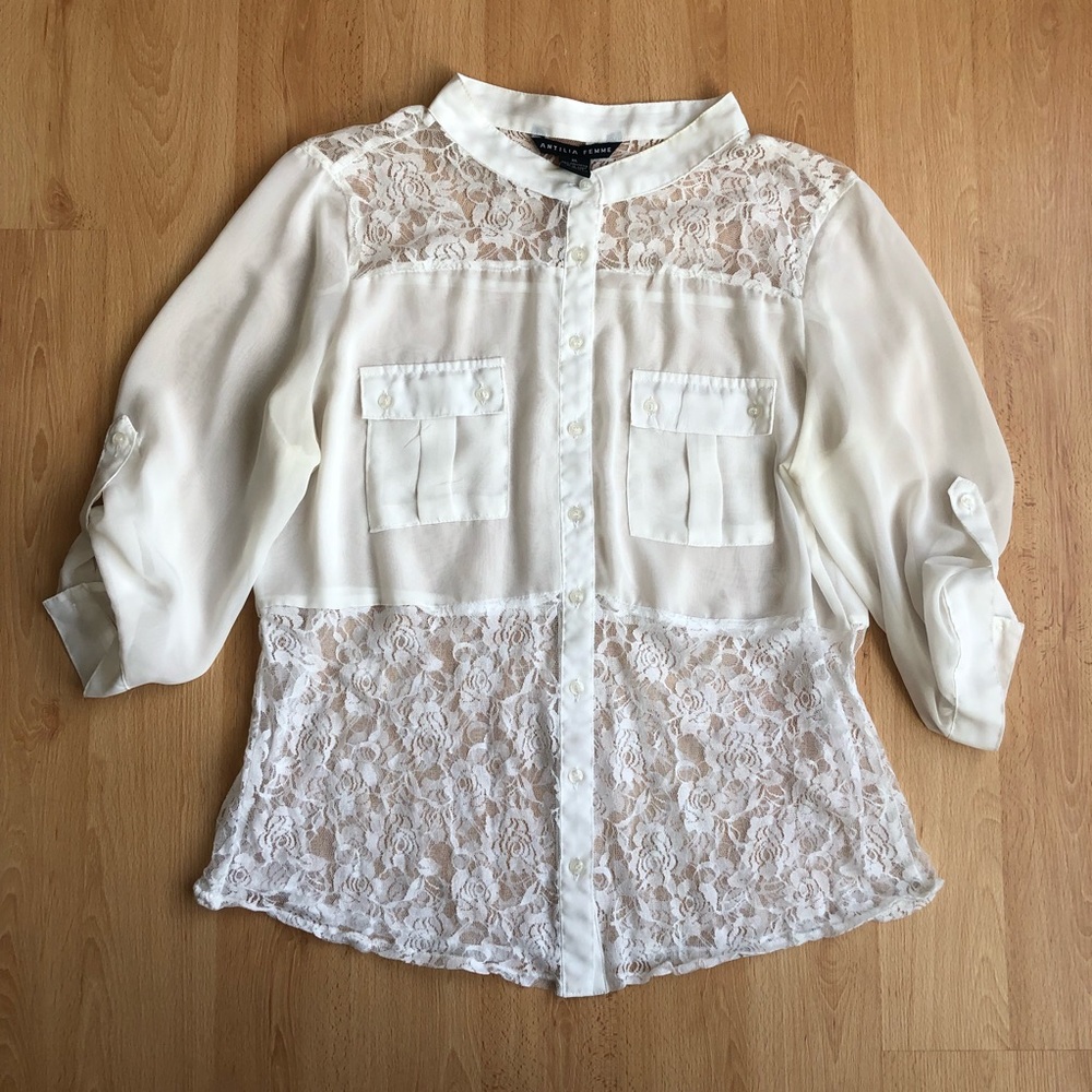 Antilia Femme Lace/Sheer Blouse Size XL 100% Polyester EUC